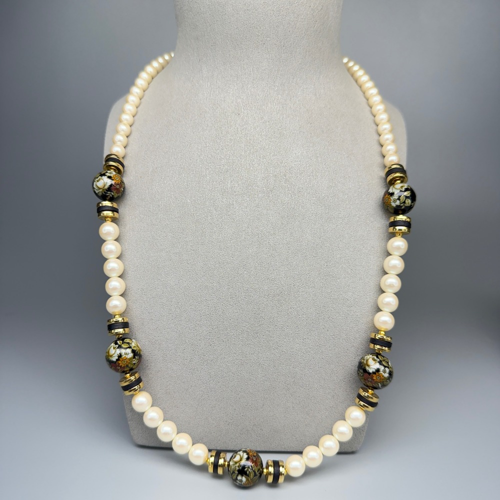 Vintage Faux Pearl Floral Bead Necklace Gold Tone 27" Fall Autumn Japan